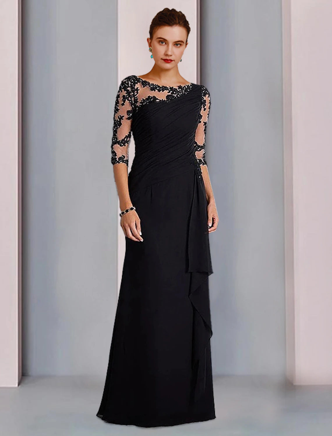 Black Chiffon A-Line Floor-Length Evening Dress with Lace Illusion Sleeves