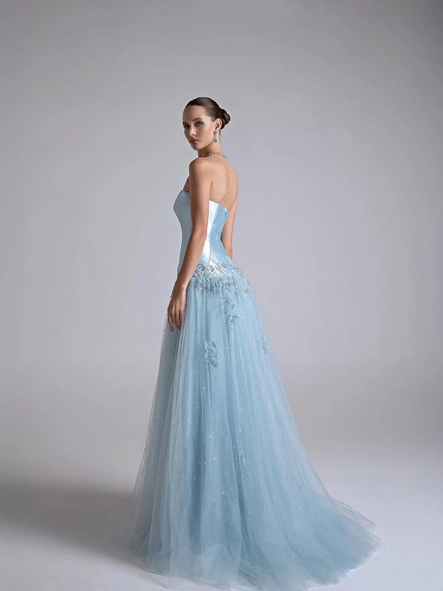 Ice Blue Satin and Tulle A-Line Straight-Across Low Back Floor-Length Dress Back View - Jimiss