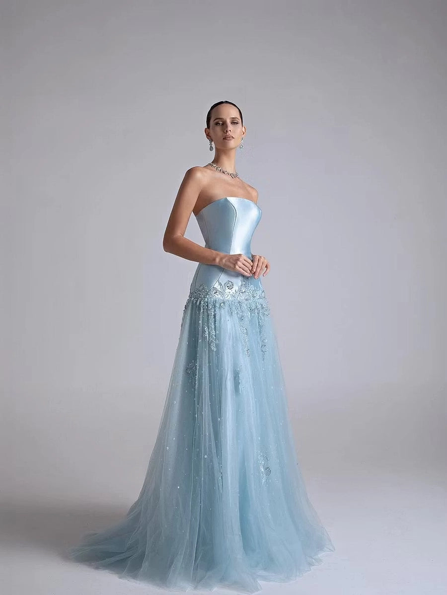 Ice Blue Satin and Tulle A-Line Straight-Across Low Back Floor-Length Dress Detail - Jimiss