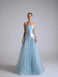 Ice Blue Satin and Tulle A-Line Straight-Across Low Back Floor-Length Dress Front View - Jimiss