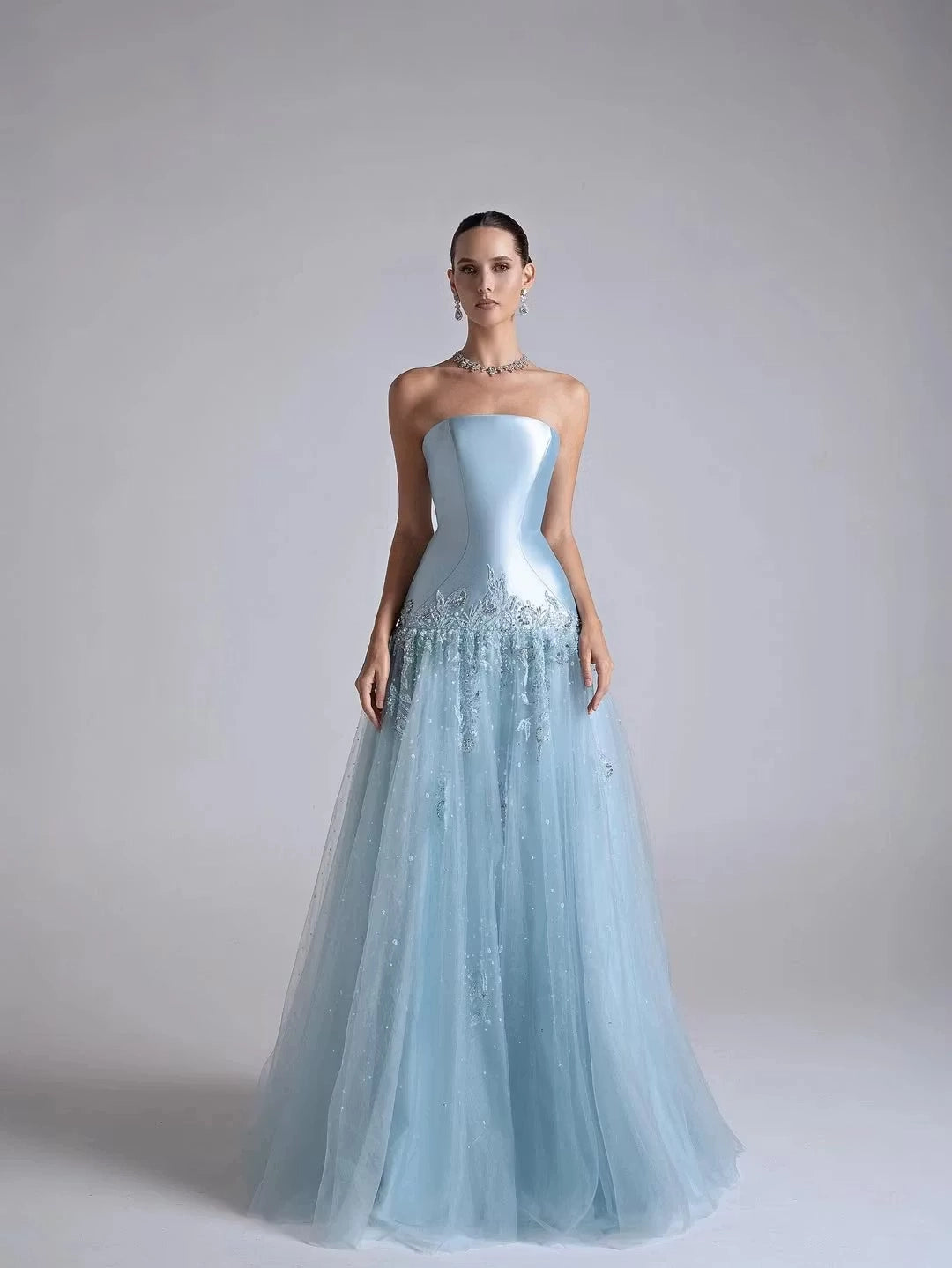 Ice Blue Satin and Tulle A-Line Straight-Across Low Back Floor-Length Dress Front View - Jimiss