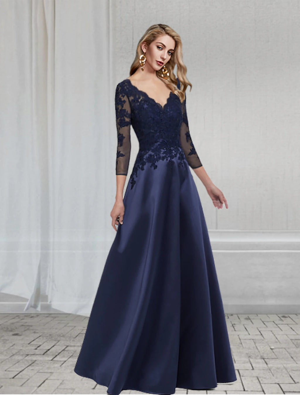 Dark Navy Satin A-Line Bridesmaid Dress with Lace Bodice