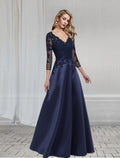 Dark Navy Satin A-Line Bridesmaid Dress with Lace Bodice