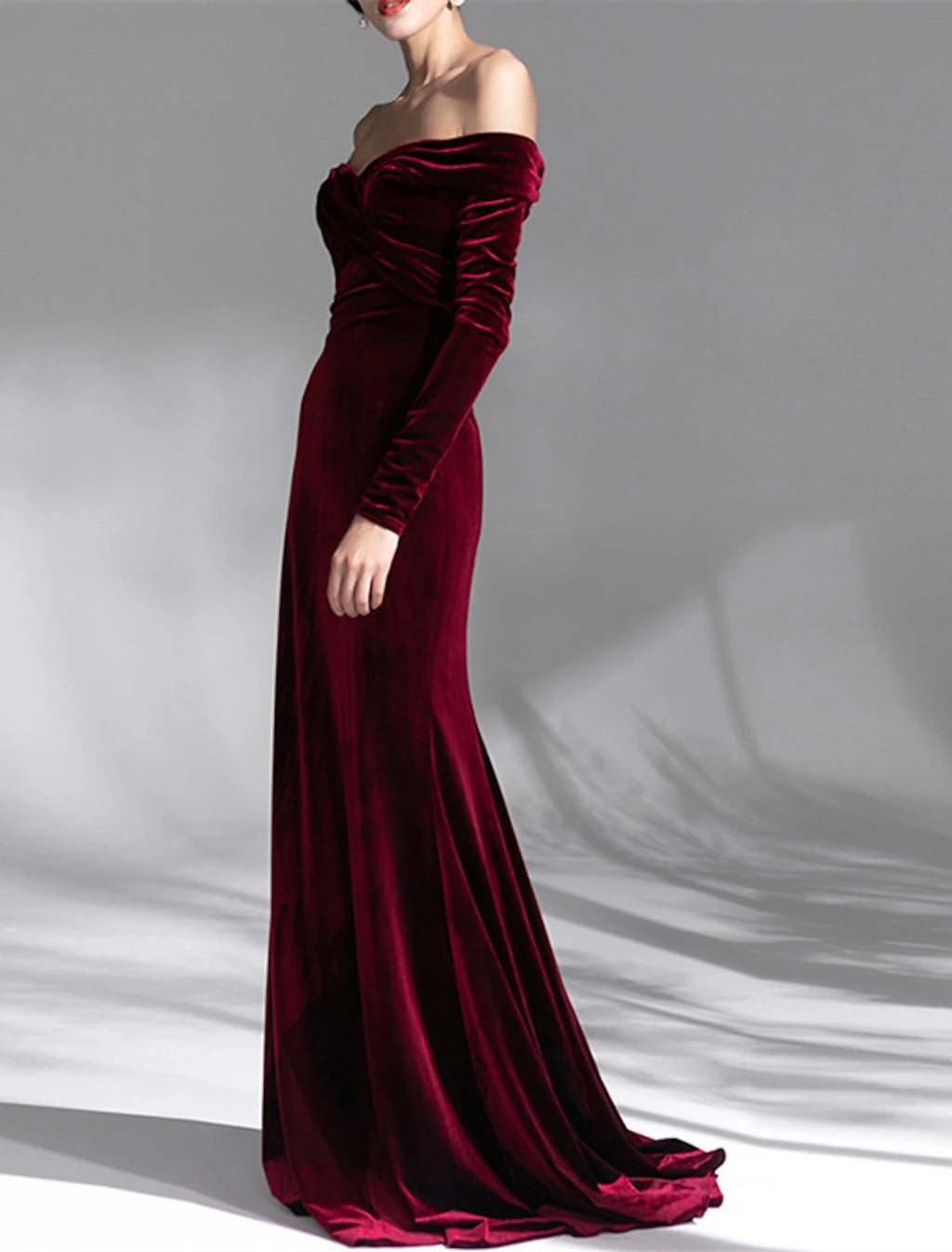Burgundy Velvet Off-the-Shoulder Sheath Floor-Length Gown