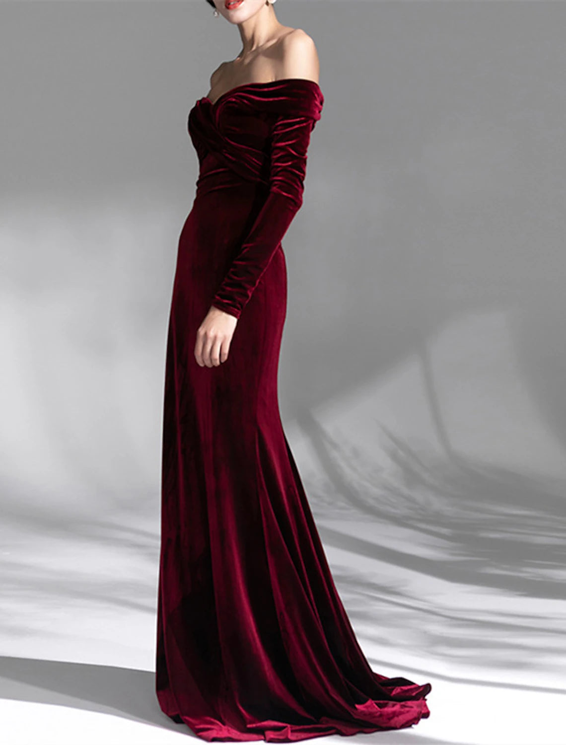 Burgundy Velvet Off-the-Shoulder Sheath Floor-Length Gown