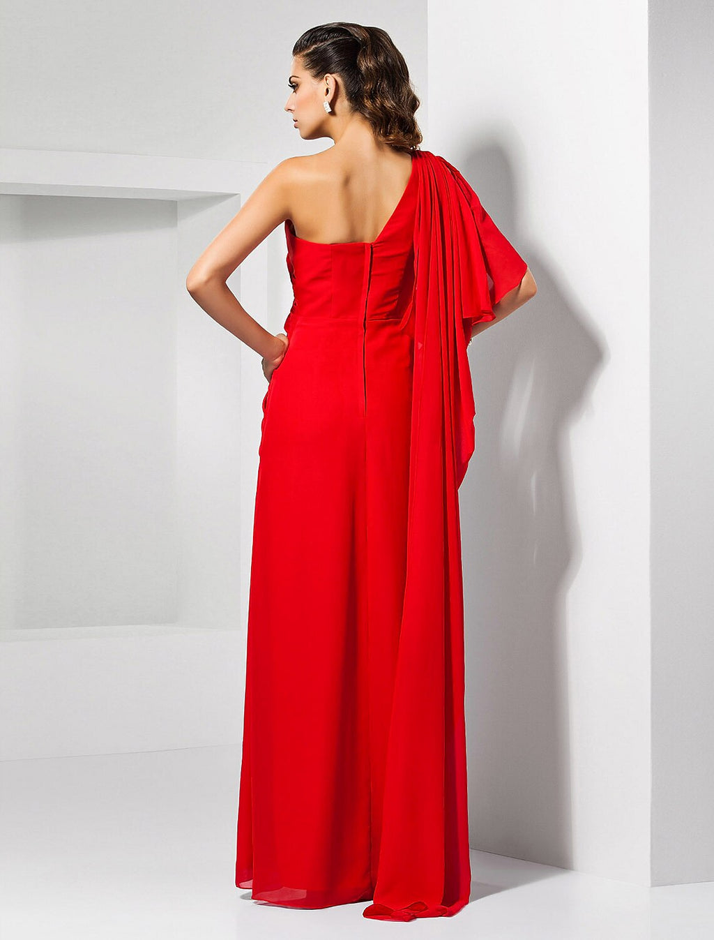 Red Chiffon A-Line Floor-Length Dress with One Shoulder & High Slit