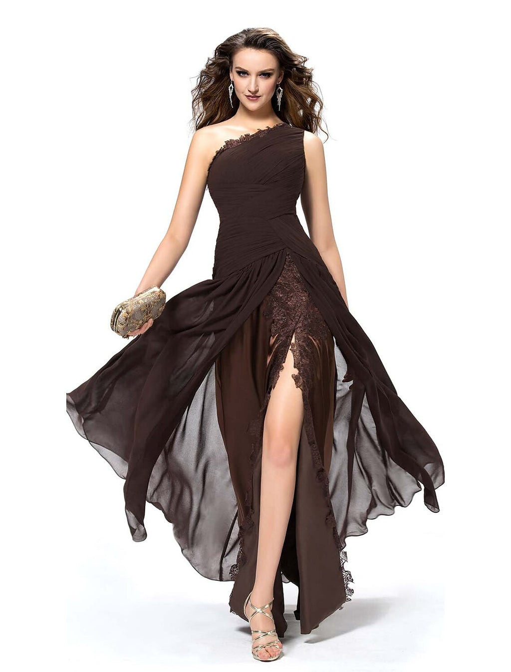 Espresso Chiffon A-Line One Shoulder Floor-Length Evening Dress with Draped Bodice and High Slit