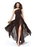 Espresso Chiffon A-Line One Shoulder Floor-Length Evening Dress with Draped Bodice and High Slit