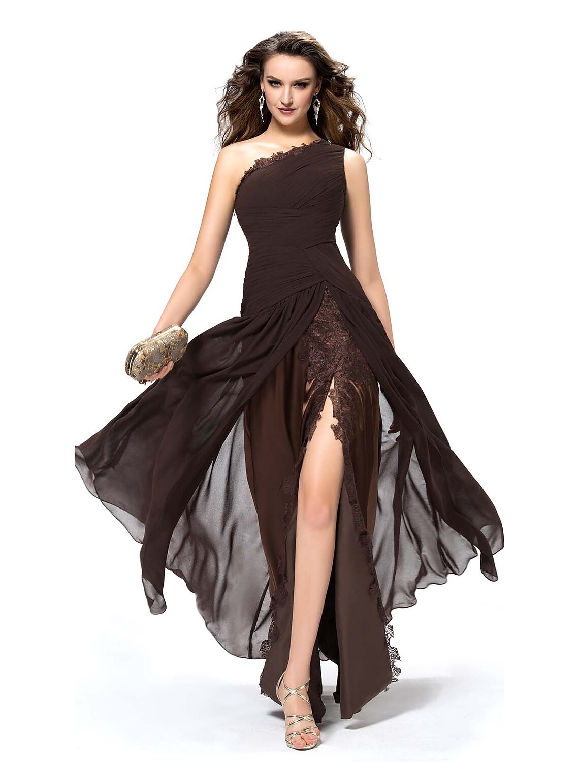 Espresso Chiffon A-Line One Shoulder Floor-Length Evening Dress with Draped Bodice and High Slit