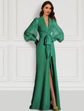 Green Crepe A-Line Floor-Length Evening Dress with Wrap bodice, Voluminous sheer sleeves & High slit