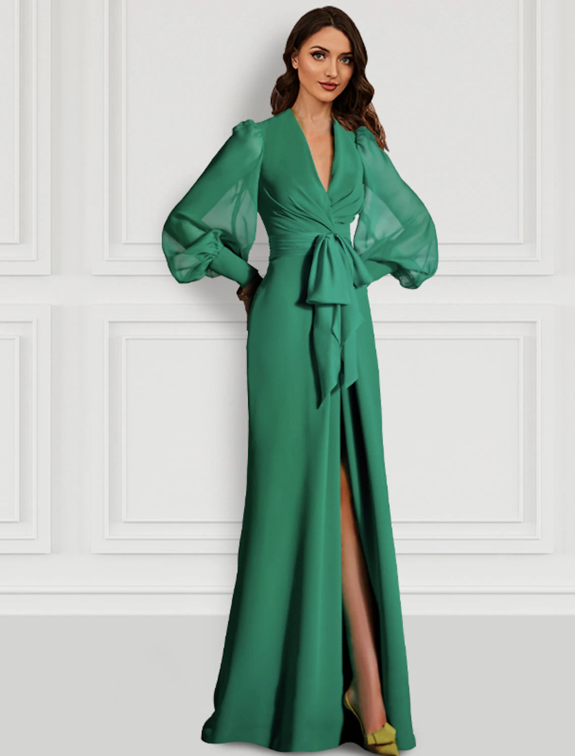 Green Crepe A-Line Floor-Length Evening Dress with Wrap bodice, Voluminous sheer sleeves & High slit