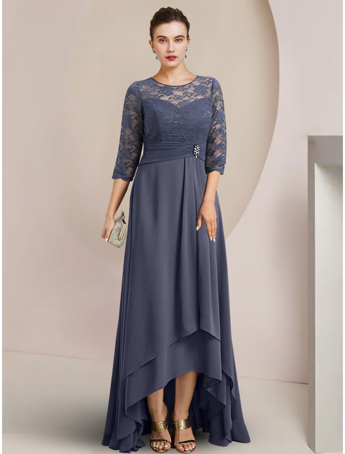 Dusty Blue A-Line Floor-Length Bridesmaid Dress with Lace Bodice & Boat Neck