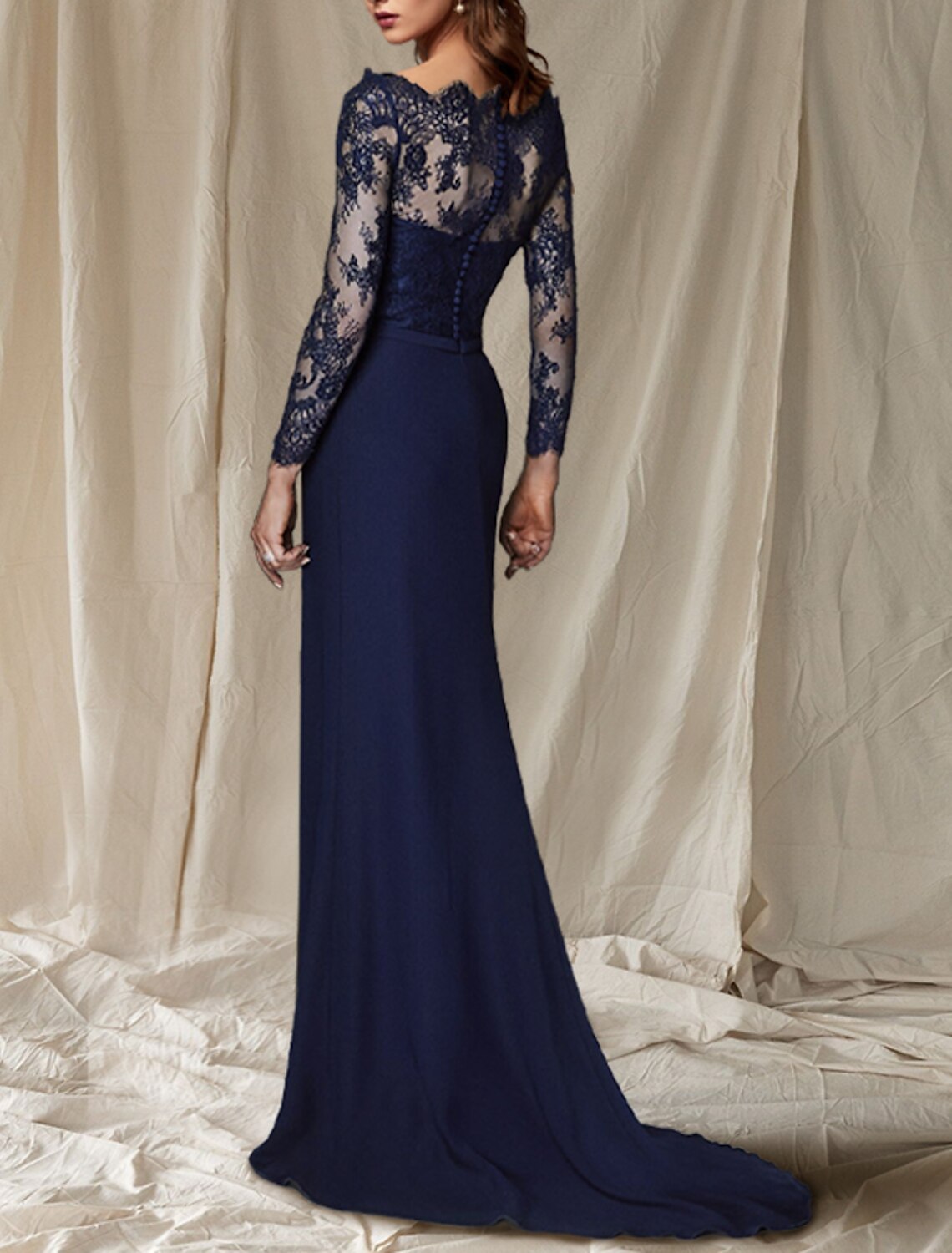 Mermaid / Trumpet Mother of the Bride Dress Elegant Off Shoulder Sweep / Brush Train Chiffon Lace Long Sleeve with Appliques Side-Draped