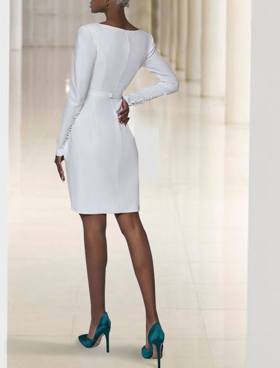 White Crepe Short Sheath/column V-Neck Dress with Wrap Bodice