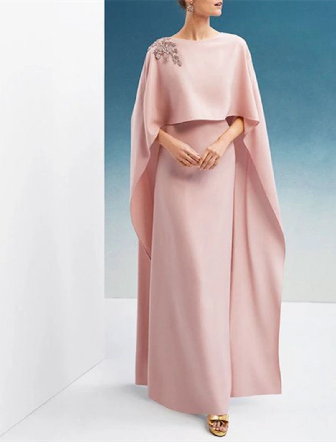 Vestido de noche elegante con corte en forma de columna, para invitados de boda, fiesta de bodas, largo hasta el suelo, sin mangas, cuello joya, capas de gasa con chal