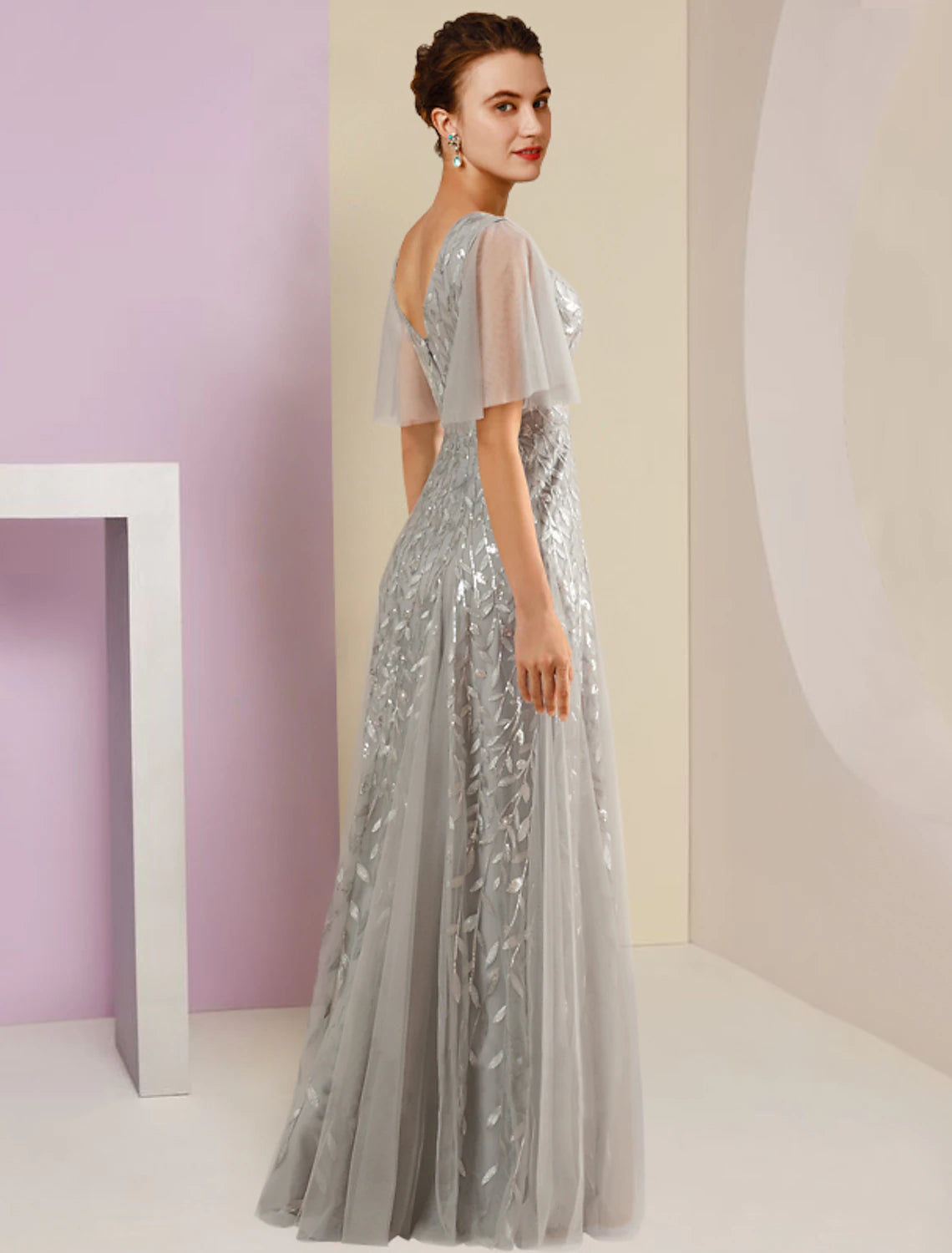 Silver Sequin V-Neck A-Line Floor-Length Dress with Flutter Sleeves