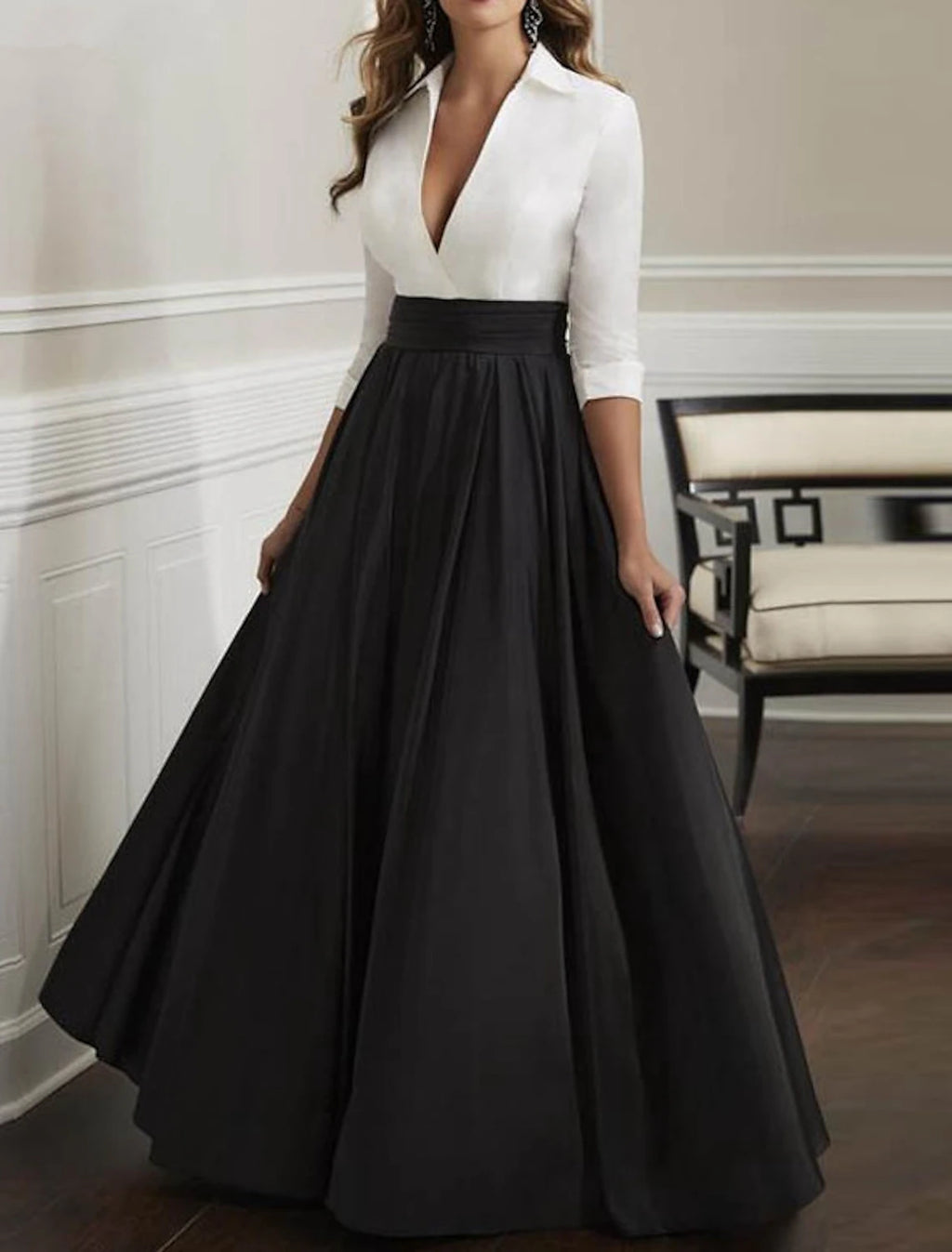 Black Chiffon A-Line Floor-Length Evening Dress with Collared V-Neck