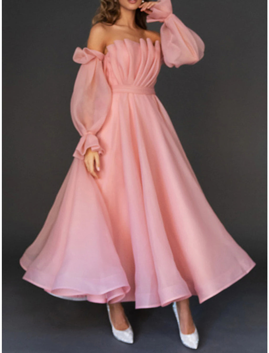 Pink Off-the-Shoulder Organza A-Line Tea-Length Bridesmaid Dress