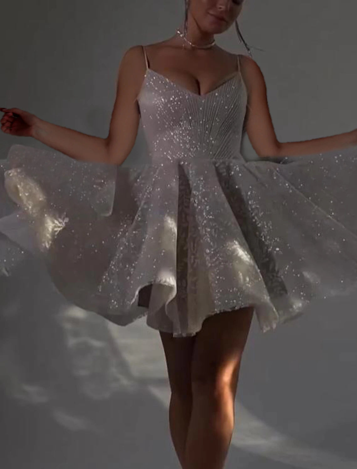 Abito da ballo, abito scintillante, abito da cocktail per laurea, corto/mini, senza maniche, spalline sottili, in tulle, senza schienale, con paillettes glitterate