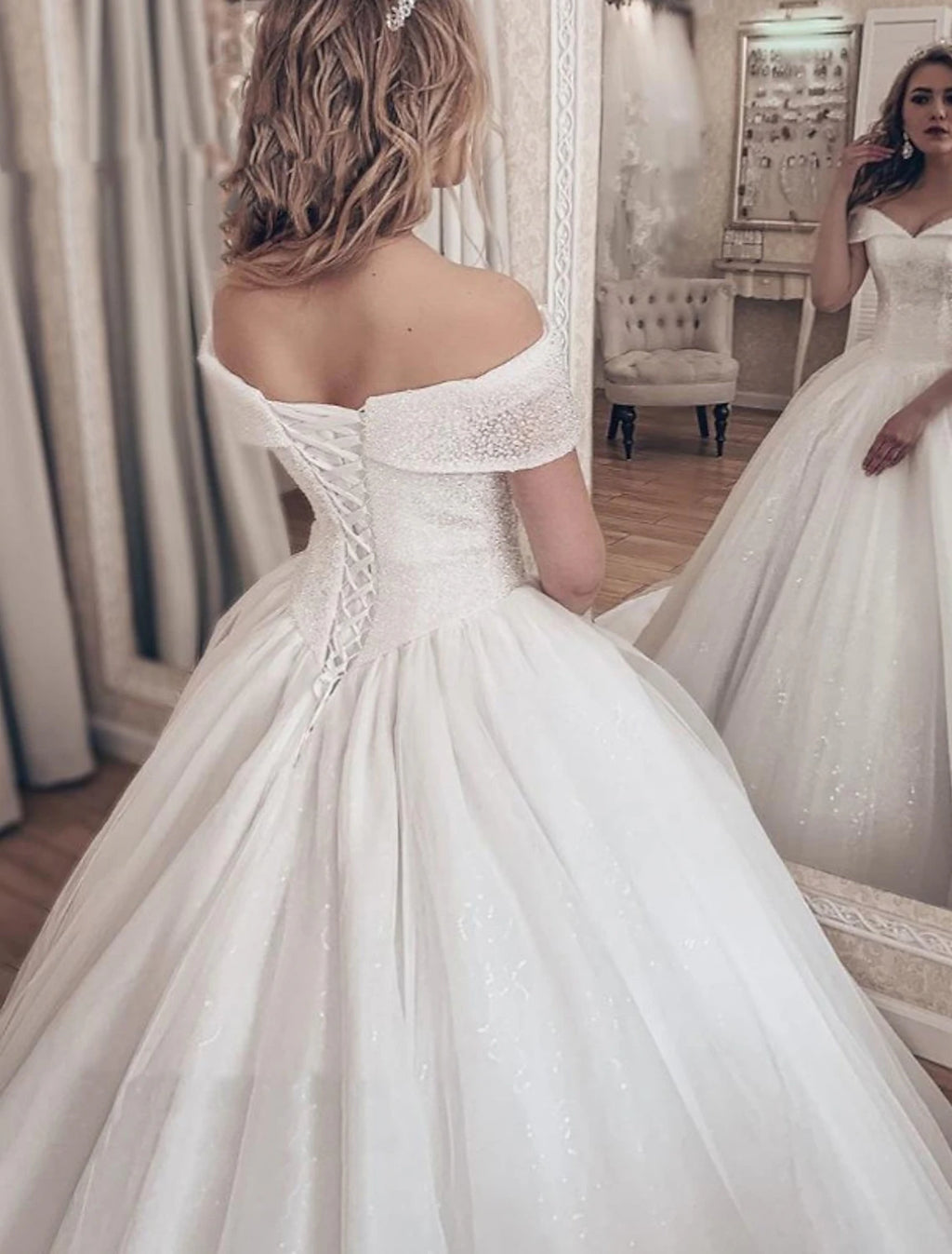 White A-Line Tulle Floor-Length Bridesmaid Dress with Sweetheart Off-the-Shoulder Beaded Bodice