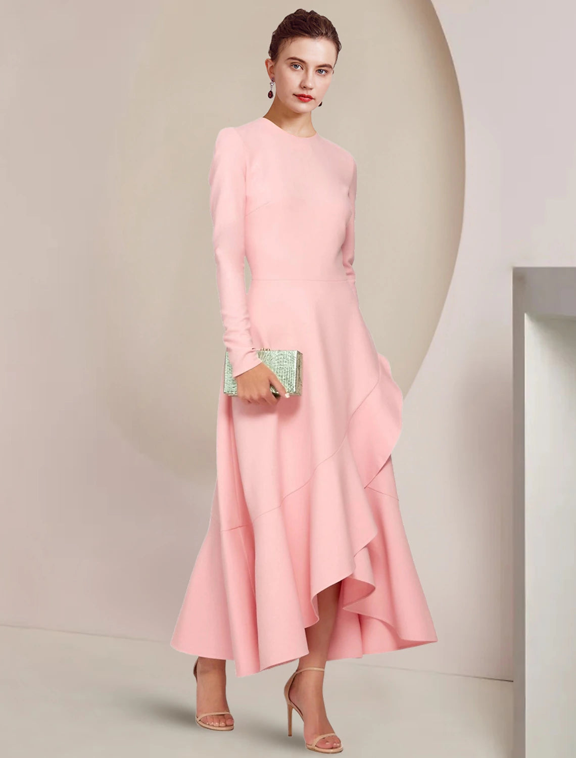Blushing Pink Crepe A-Line Midi with Scoop Neck and Asymmetrical Ruffled Hem