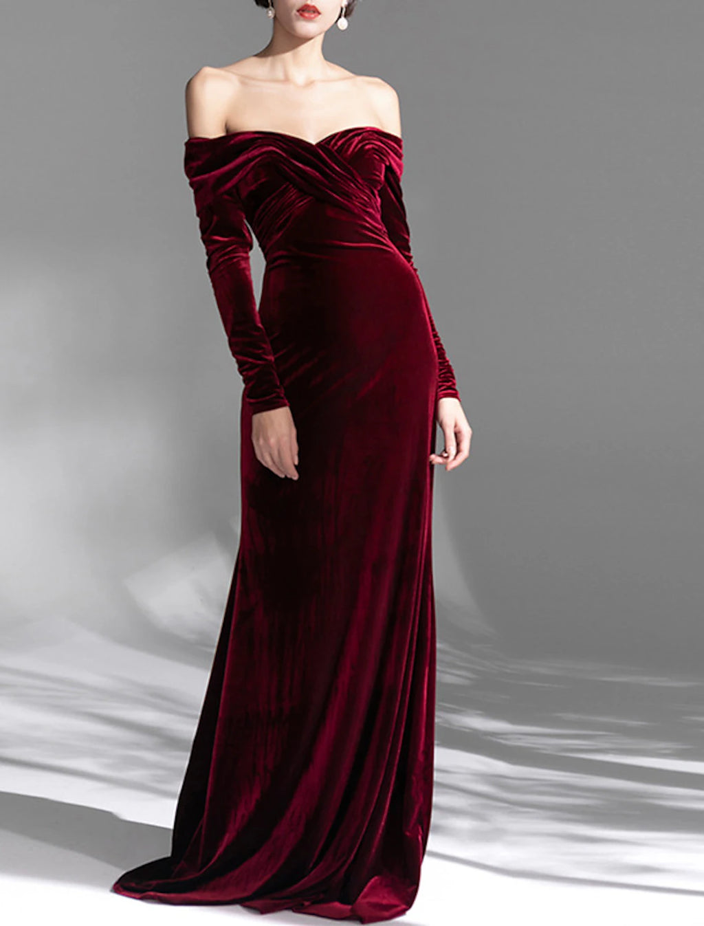 Burgundy Velvet Off-the-Shoulder Sheath Floor-Length Gown