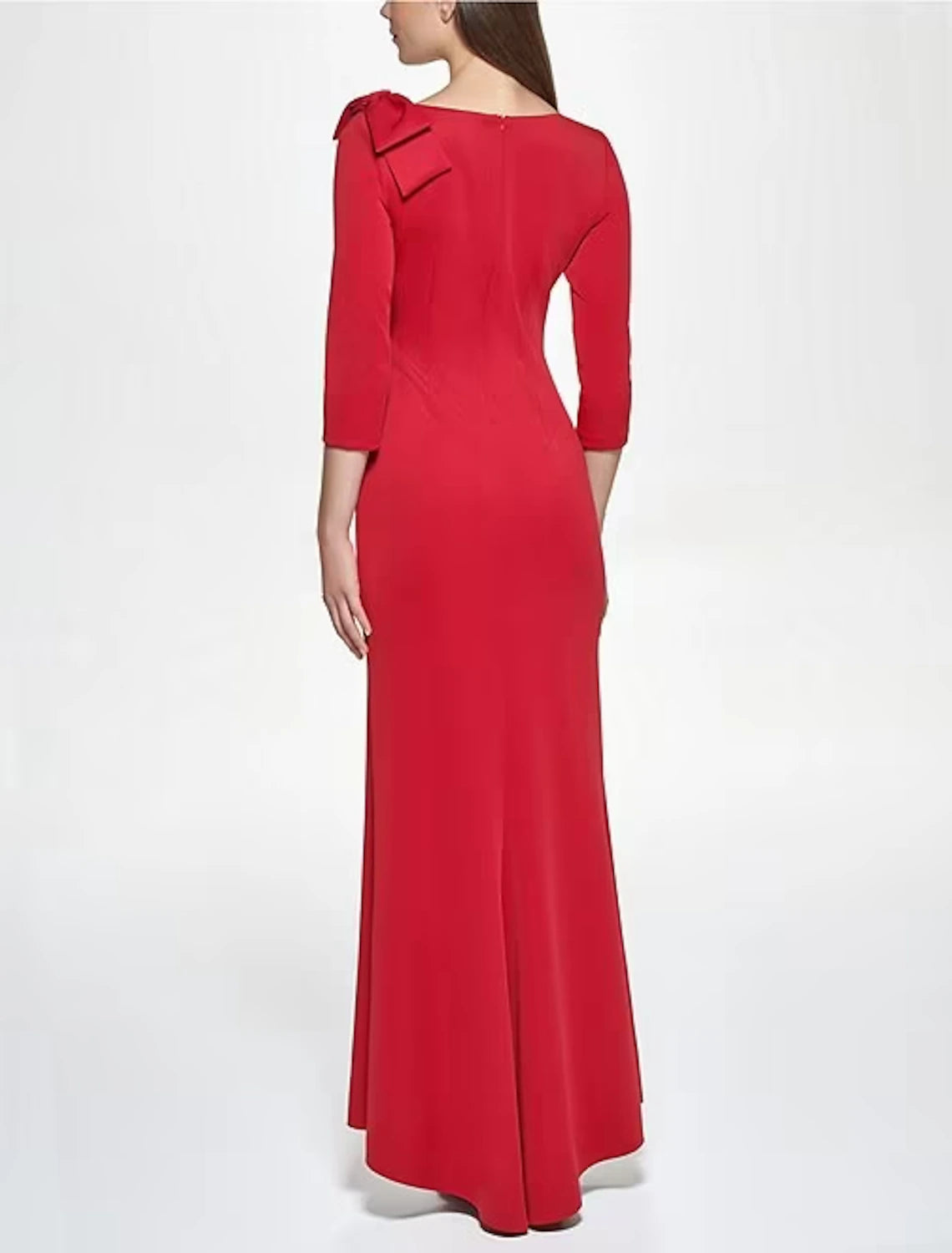 Vestido de noche elegante de sirena/trompeta, largo hasta la rodilla, manga 3/4, escote en V, tela con flores en los hombros.