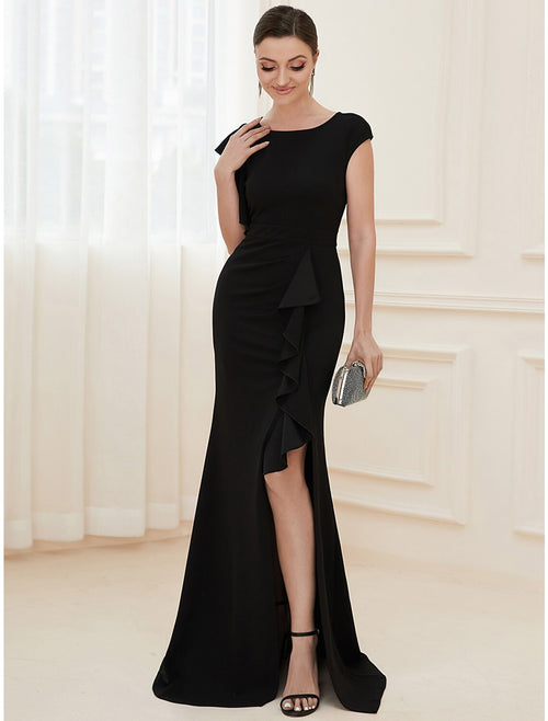 Black Crepe Mermaid Floor-Length Dress with Ruffled Cap Sleeves