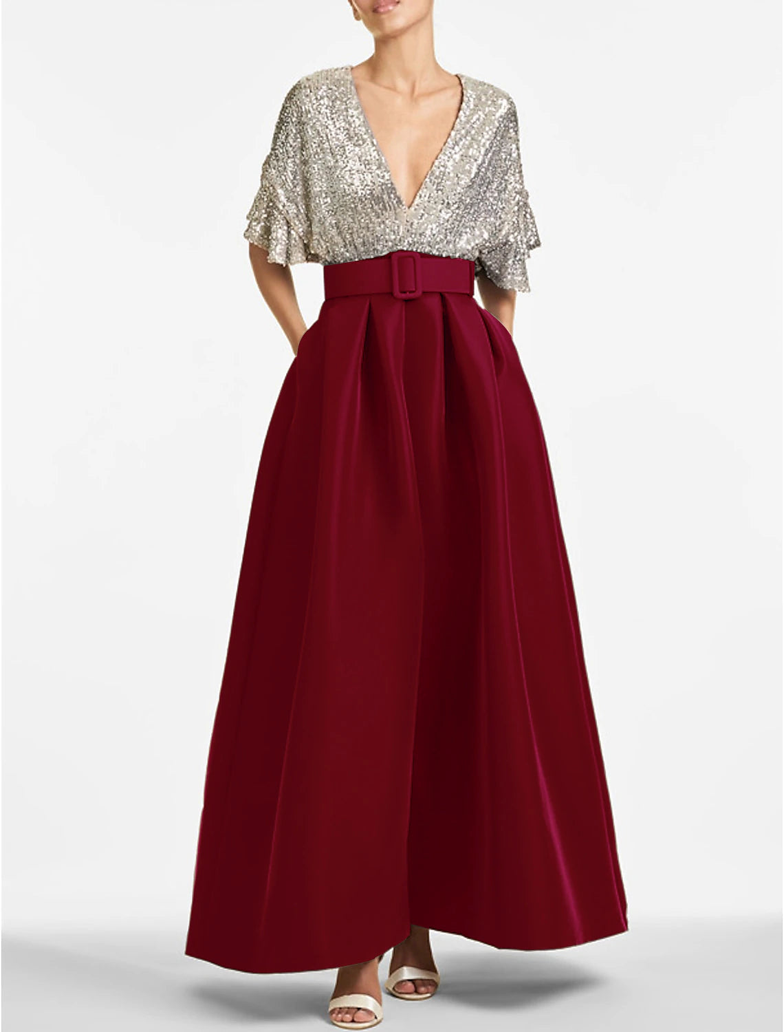 Olive Green Sequin A-Line Floor-Length Evening Dress with V-Neck and Sequin Bodice