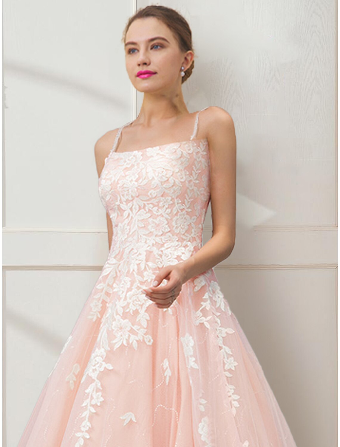 Blushing Pink Tulle A-Line Floor-Length Bridesmaid Dress with Lace Appliques