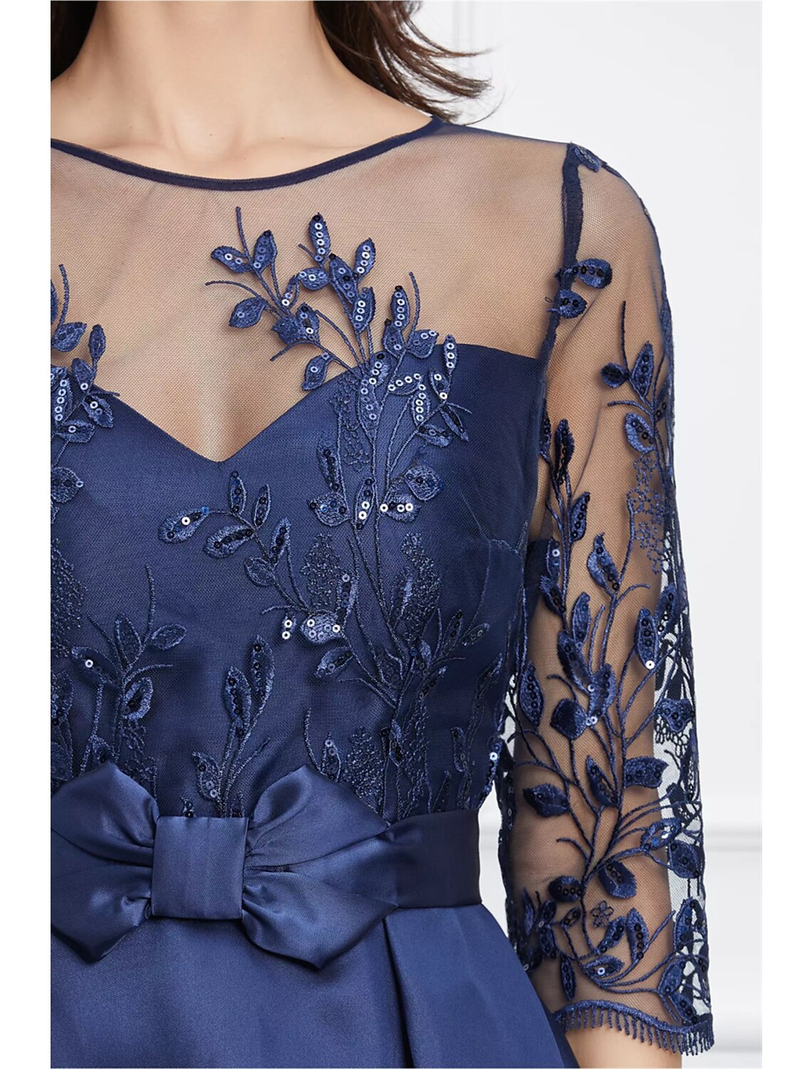 A-Line Evening Gown Elegant Black Dress Plus Size Formal Wedding Asymmetrical High Low 3/4 Length Sleeve Jewel Neck Satin with Bow(s) Sequin Appliques