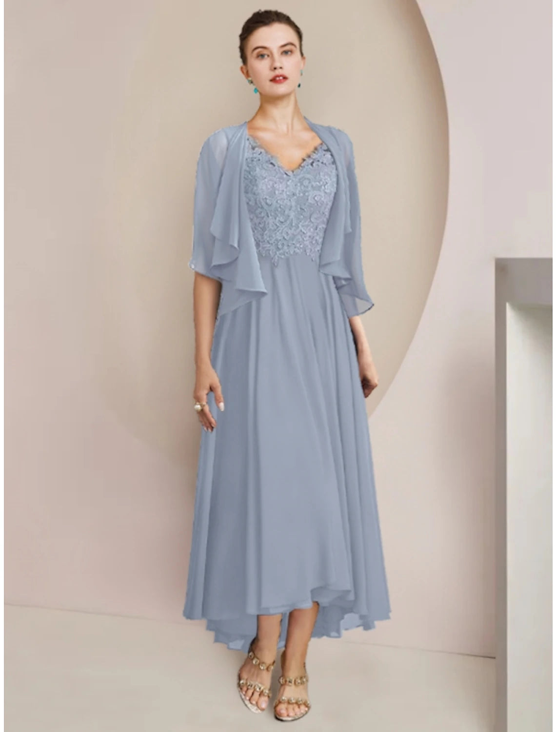 Dusty Blue Chiffon A-Line Asymmetrical Dress with Lace Bodice, High-Low Hem & Matching Bolero