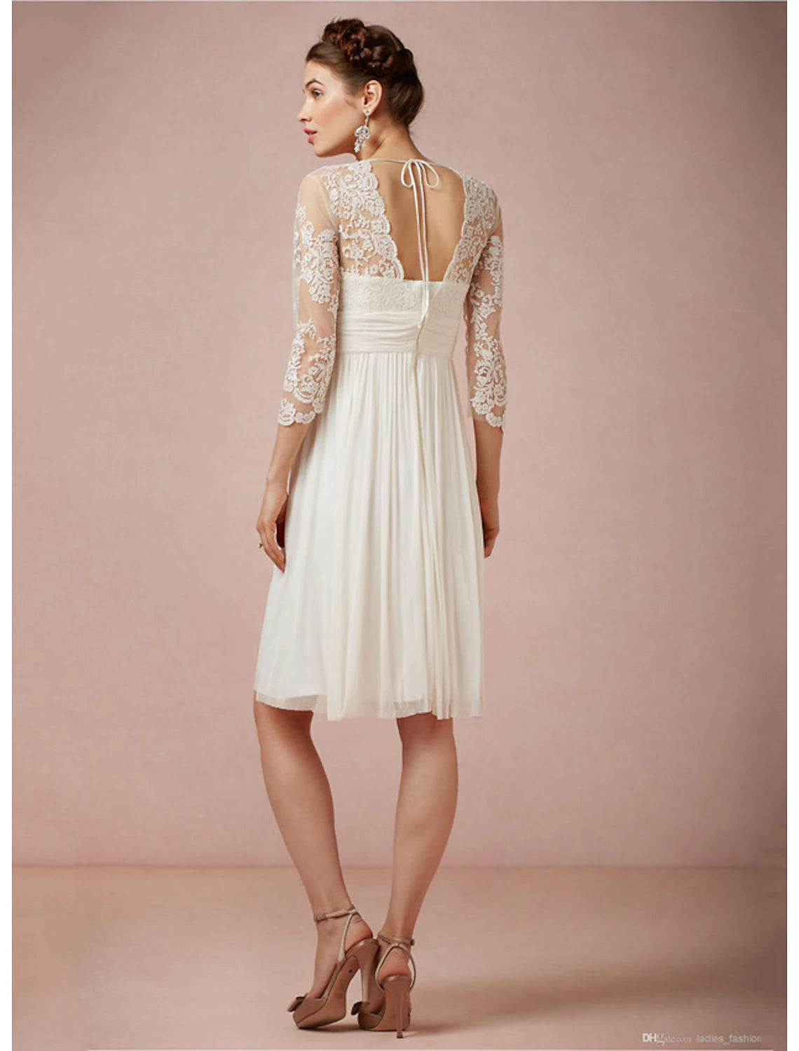 Abiti da sposa autunnali da ricevimento, con schiena scoperta, abitini bianchi, linea ad A, scollo a V, maniche a 3/4, lunghezza al ginocchio, abiti da sposa in chiffon con arricciature, abbigliamento estivo da donna per feste di matrimonio