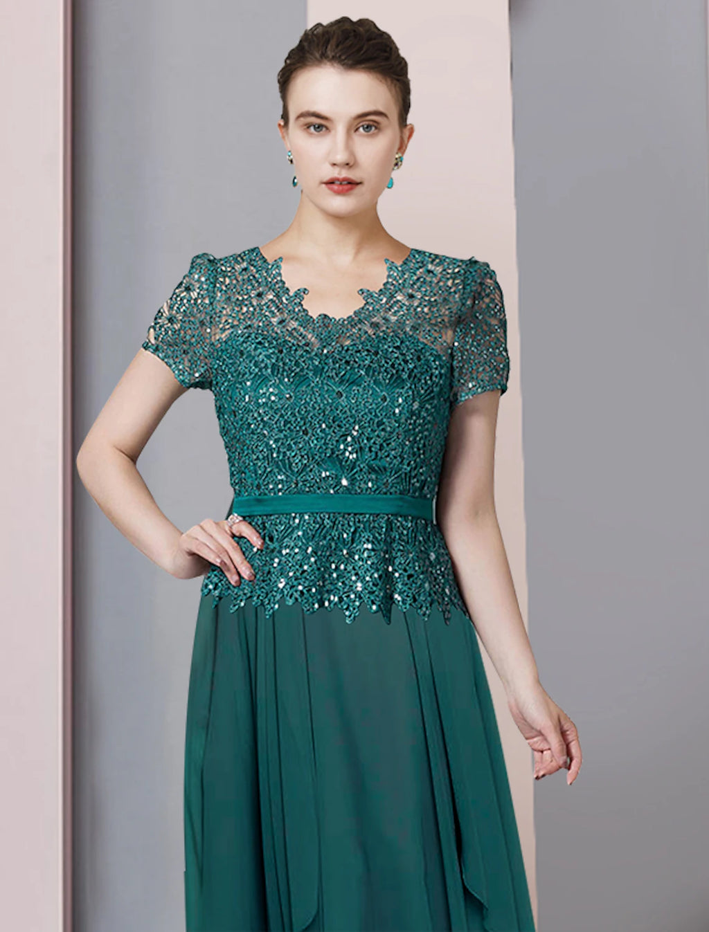 Vestido de madre de la novia de corte A, fiesta formal, brillo y resplandor, elegante, cuello en V, largo hasta el suelo, gasa, lentejuelas, manga corta con pliegues, lentejuelas