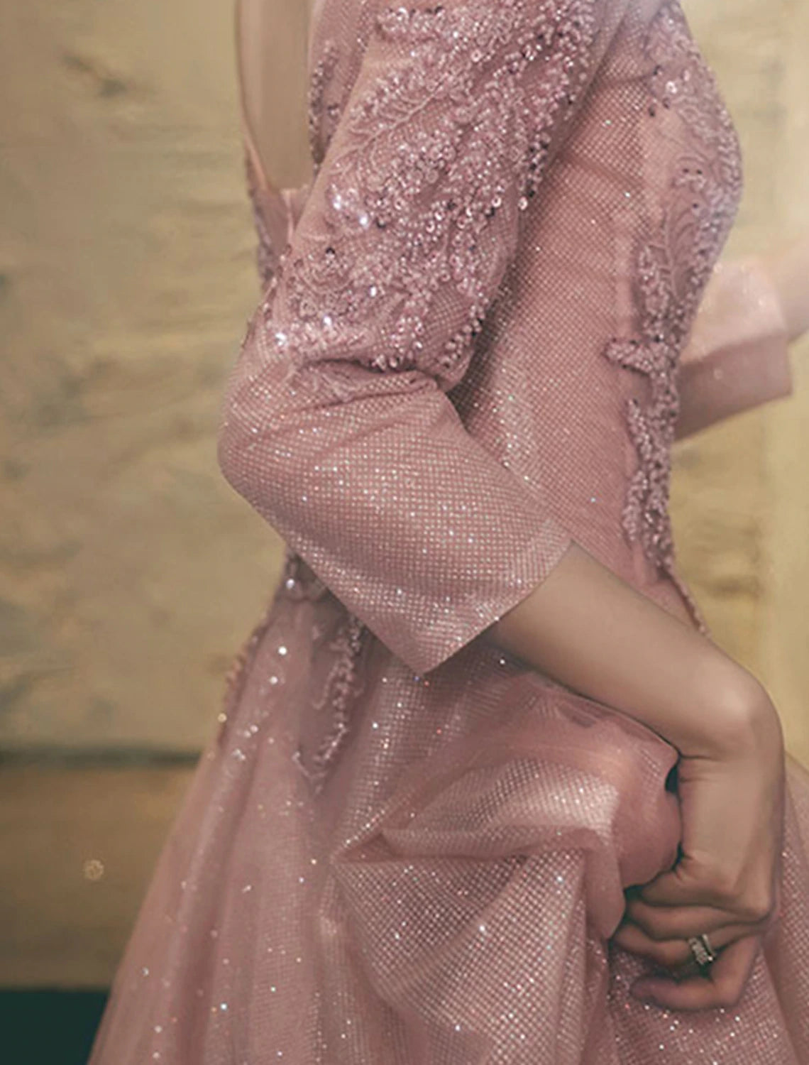 Abiti da ballo a trapezio, eleganti, da invitata a nozze, lunghi fino al pavimento, con maniche a 3/4, scollo a V, in pizzo con applicazioni