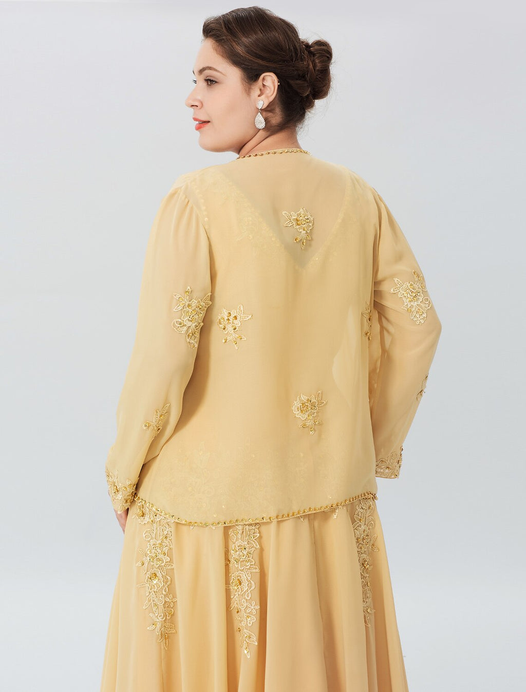Butter Chiffon A-Line V-Neck Tea-Length Mother of the Bride Two-Piece Dress with Embroidery