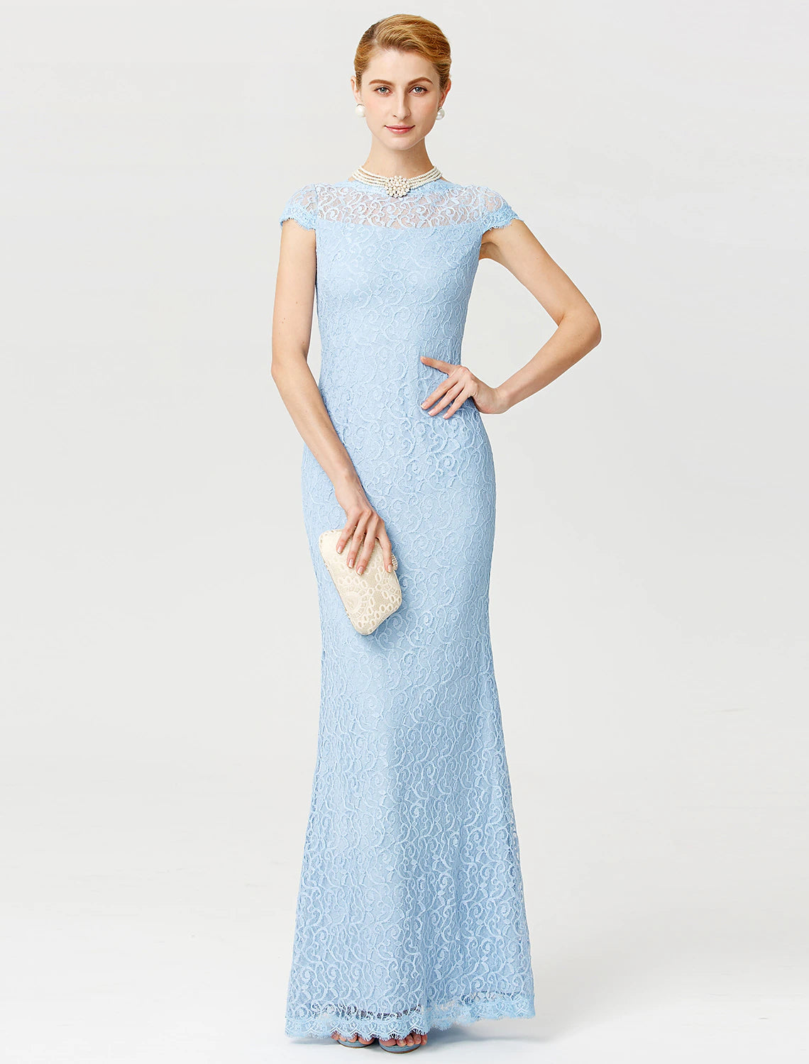 Vestido de Madre de la Novia Elegante con Escote Ilusión, Largo hasta el Suelo, Encaje, Manga Corta, Sin Encaje