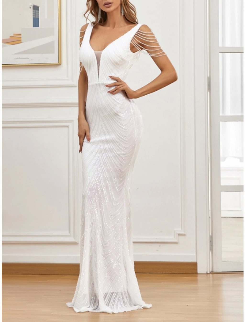 Champagne Sequin Mermaid V-Neck Floor-Length Evening Dress