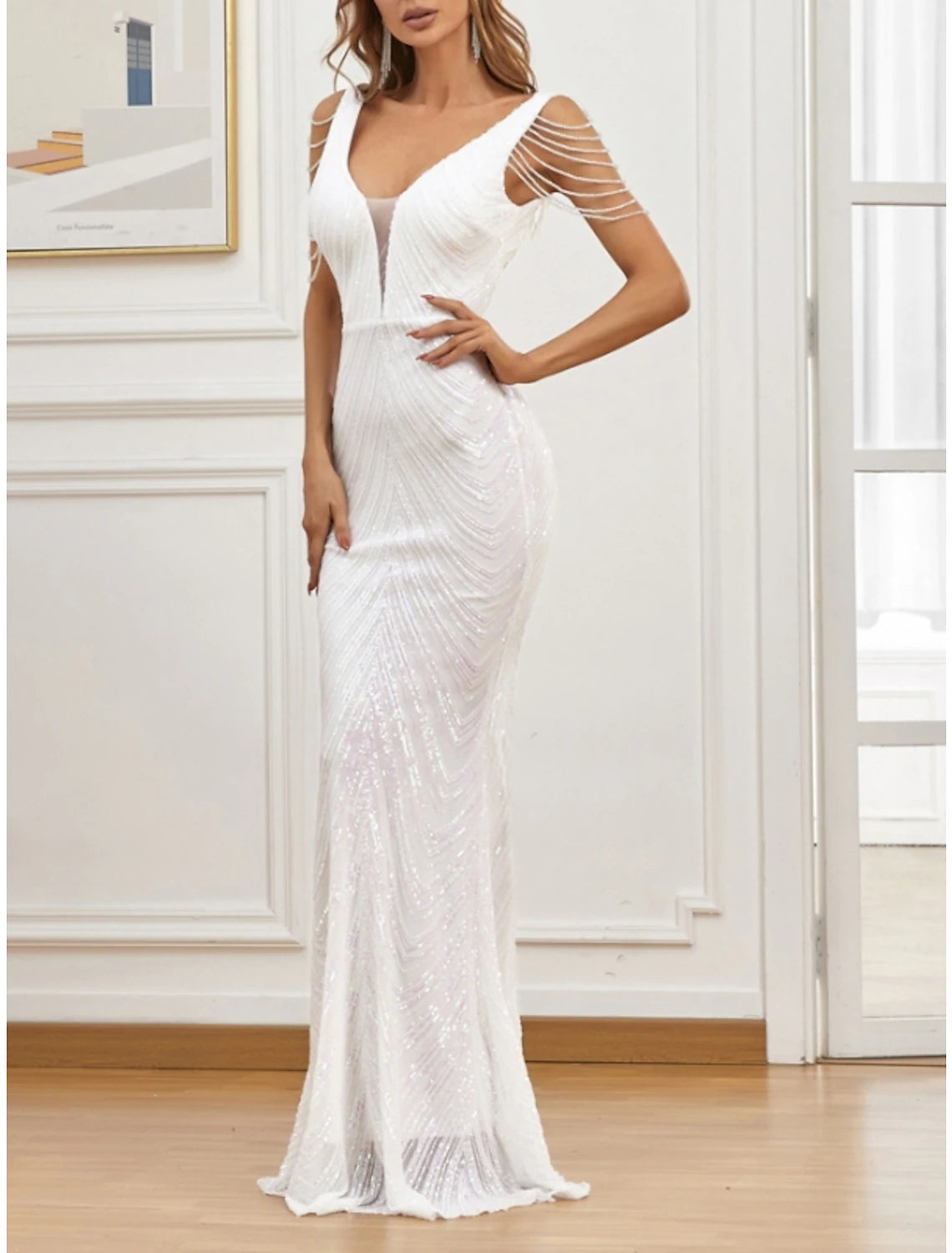 Champagne Sequin Mermaid V-Neck Floor-Length Evening Dress