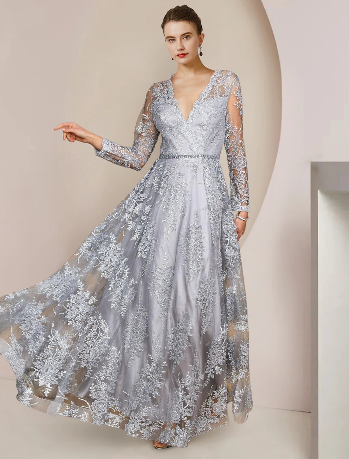 Silver Lace A-Line Floor-Length V-Neck Evening Dress with Full-Coverage Lace Overlay