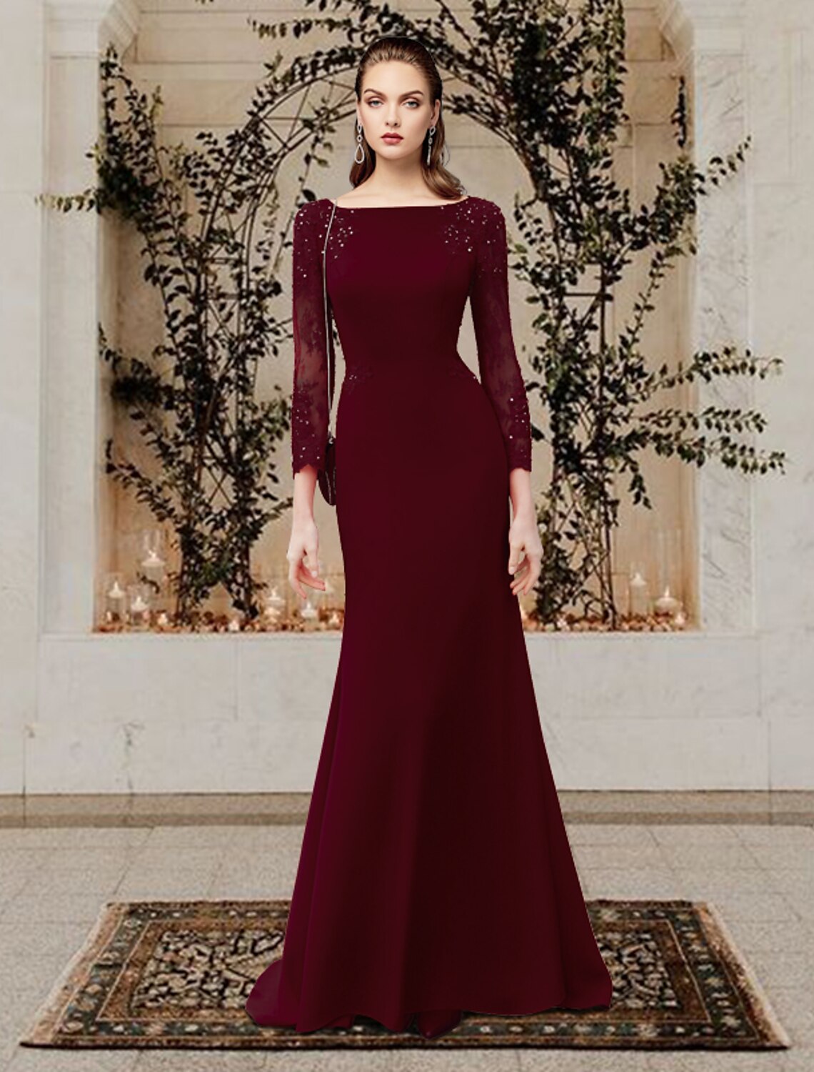 Burgundy Crepe Mermaid Floor-Length Evening Dress with Sheer Embellished Sleeves