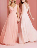 Abito da damigella d'onore a trapezio, elegante, senza maniche, in chiffon, con scollo a V e arricciature, lungo fino al pavimento