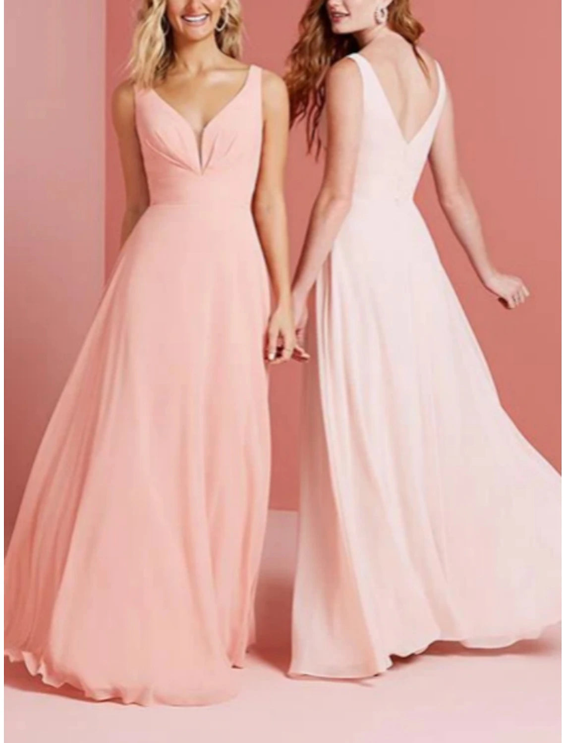 Blushing Pink A-Line Chiffon V-Neck Floor-Length Bridesmaid Dress