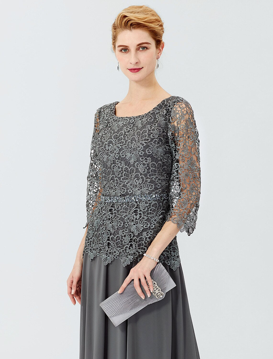 Vestido de baile Línea A Vestido de madre de la novia Formal Clásico y atemporal Elegante y lujoso Elegante Escote redondo Largo hasta el suelo Gasa Con cordón Encaje Manga 3/4 con fajas / cintas Abalorios