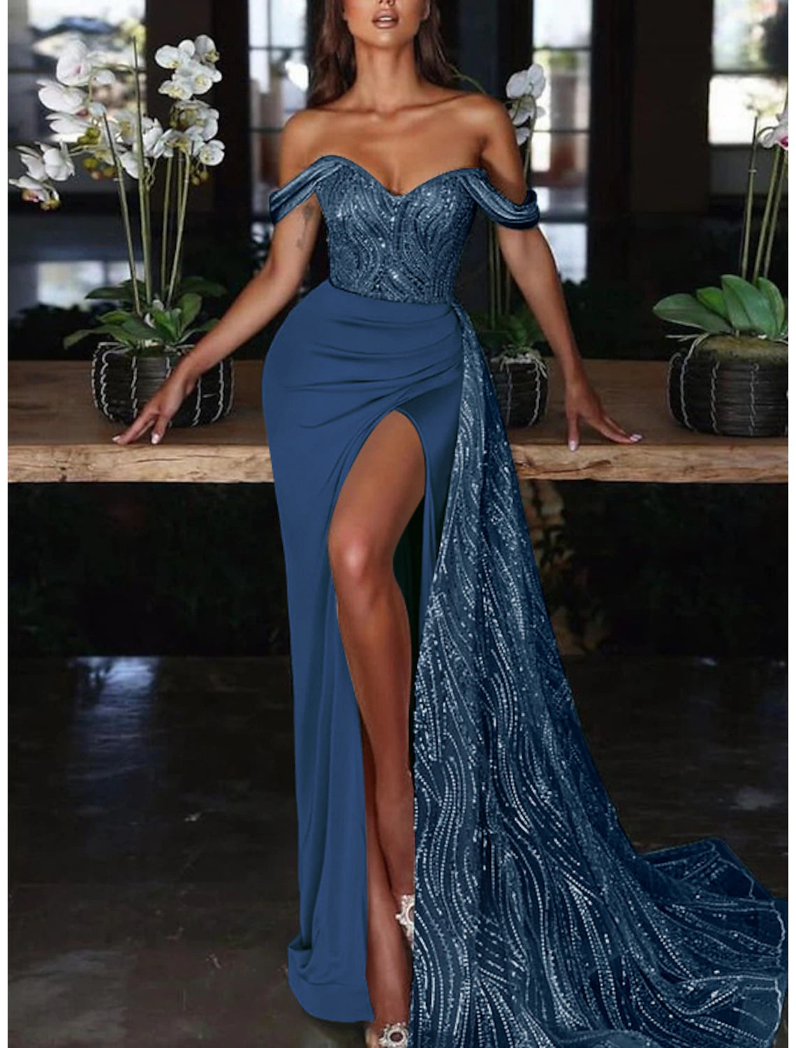 Mint Green Satin Off-the-Shoulder Sweetheart Sequin Floor-Length Evening Dress