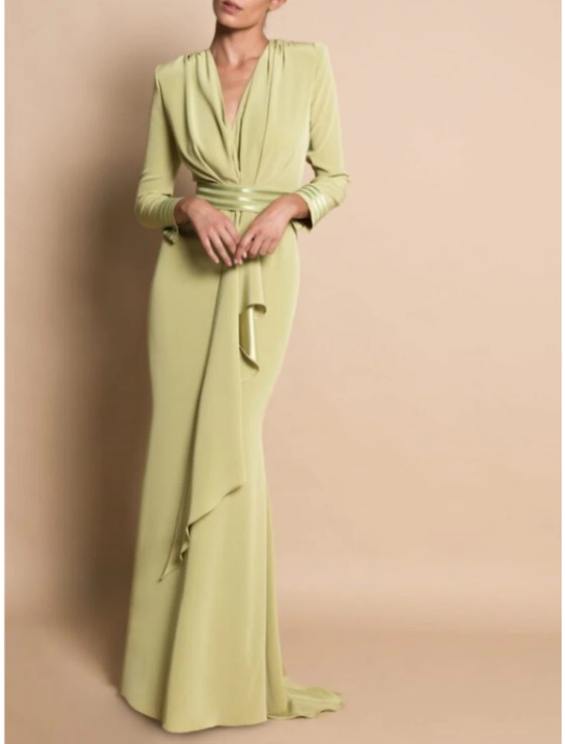 Sage Green Crepe Sheath/column Floor-Length Evening Dress with Draped V-Neck
