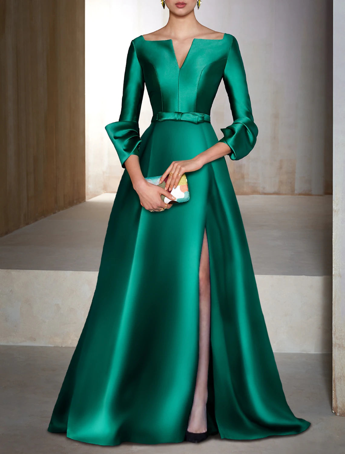Emerald Satin V-Neck A-Line Floor-Length Evening Gown with High Slit