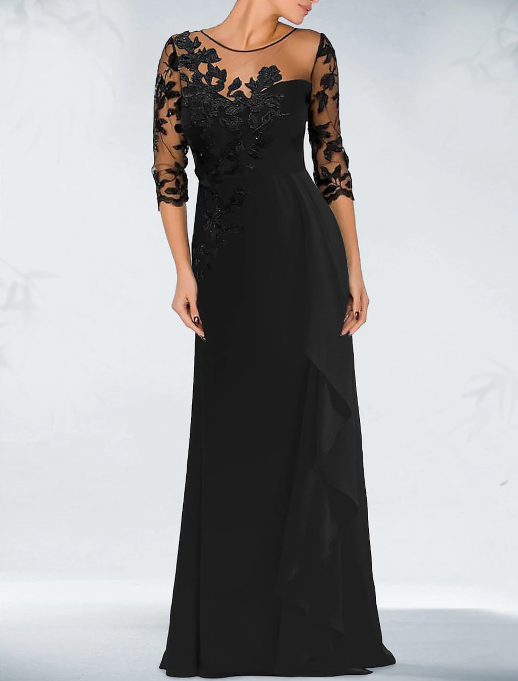 Vestido de noche elegante negro para invitada de boda, largo hasta el suelo, mangas 3/4, escote joya, satén con apliques de cuentas 2025