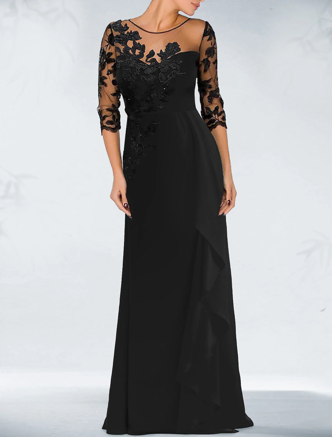 Vestido de noche elegante negro para invitada de boda, largo hasta el suelo, mangas 3/4, escote joya, satén con apliques de cuentas 2025