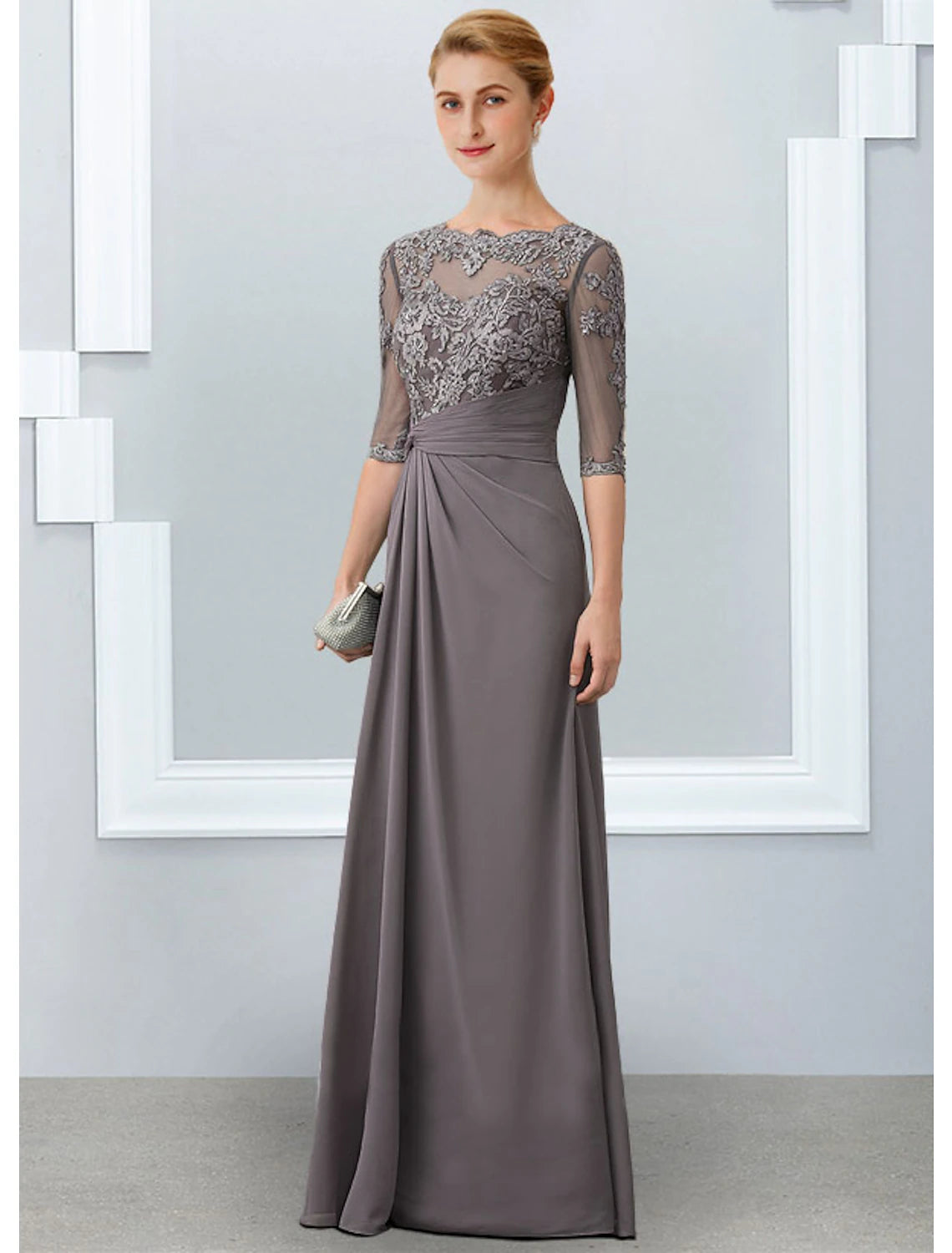 Grey Lace Chiffon A-Line Floor-Length Evening Dress with Lace Bodice and Ruched Waist